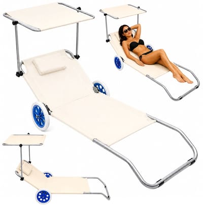 MOZY® - Ligbed met Zonnescherm - Beige - Inklapbaar - Verrijdbaar - met Wielen - 150 cm - Inclusief Hoofdkussen - Ligstoel Tuin - Veldbed - Zonnebed - Lounger - Reisbed