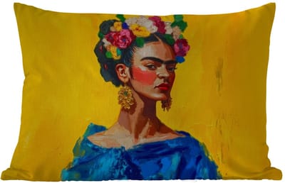 Buitenkussens - Tuin - Frida Kahlo - Vrouw - Geel - Blauw - Bloemen - 50x30 cm