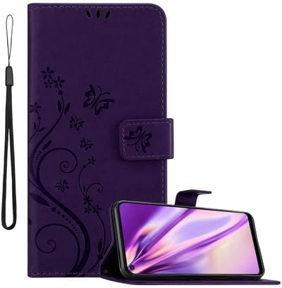 Cadorabo Hoesje geschikt voor Huawei P40 LITE E in BLOEMEN DONKER PAARS - Beschermhoes in bloemmotief met magnetische sluiting, standfunctie en kaartsleuven Book Case Cover Etui