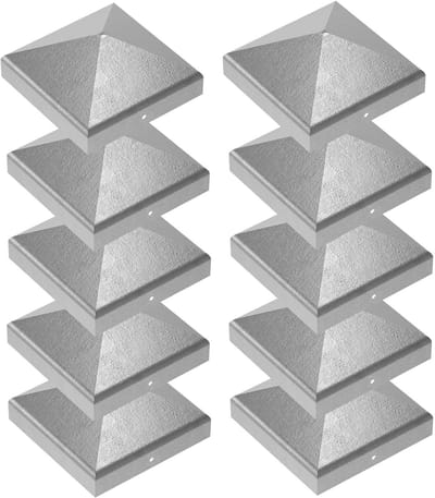 Houten palen 9x9 cm met houten piramidevormige kap - 10 stuks met hekkappen - 90 mm - verzinkt staal - roestvrij