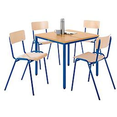 Tafel met stalen buizen met 4 stapelstoelen, onderstel blauw