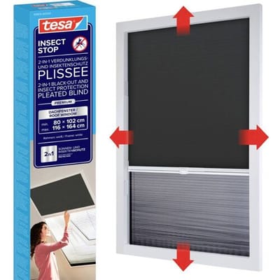 tesa INSECT STOP Duo Pleated Insect Screen for Roof Windows - verstelbaar, montage zonder boren, witte profielen, plissé antraciet - max. 116 x 164 cm