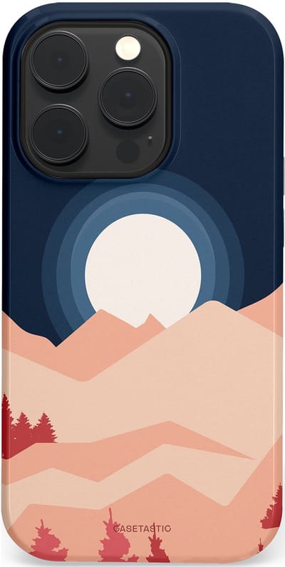 Casetastic hoesje geschikt voor Apple iPhone 14 Pro - MagSafe - Dubbellaagse bescherming - Bergen bij maanlicht - Fashion Case - Zwart Perzik Zand Koraal