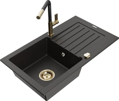 Mexen Pablo granieten gootsteen met 1 bak met afdruiprek en keukenmengkraan Flora, zwart/goud metallic - 6510-75-670401-57-G