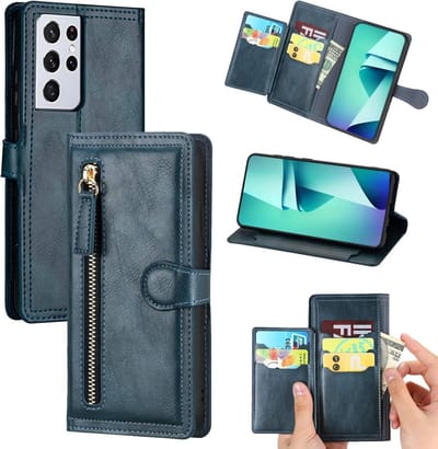 Bookcase Hoesje Geschikt voor: Samsung Galaxy S21 met ritssluiting - Flipcover - Magnetisch - 5 kaarten houder - Donkerblauw