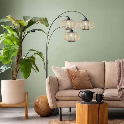 Trendy Vloerlamp van Bamboe en Metaal, Zwart, Kantelbaar, 3821ZW + K2019BS, Silva, Merknaam
