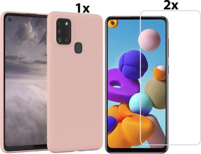 Hoesje Geschikt Voor Samsung Galaxy A21s Hoesje Soft Nano Silicone Backcover Gel Licht Roze Met 2x Glazen Screenprotector