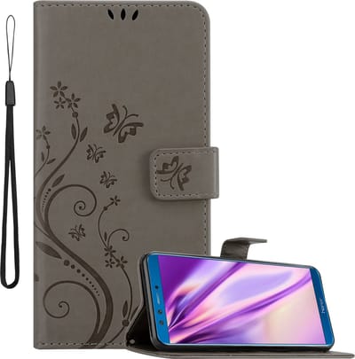 Cadorabo Hoesje geschikt voor Honor 9X LITE in BLOEMEN GRIJS - Beschermhoes in bloemmotief met magnetische sluiting, standfunctie en kaartsleuven Book Case Cover Etui