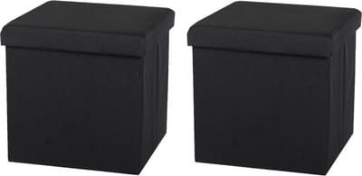 Urban Living Poef/hocker - 2x - opbergbox zit krukje - zwart - linnen/mdf - 37 x 37 cm - opvouwbaar