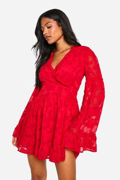 boohoo Dames Tall Burnout Floral Ruffle Skater Dress | Rood | Maat: 38