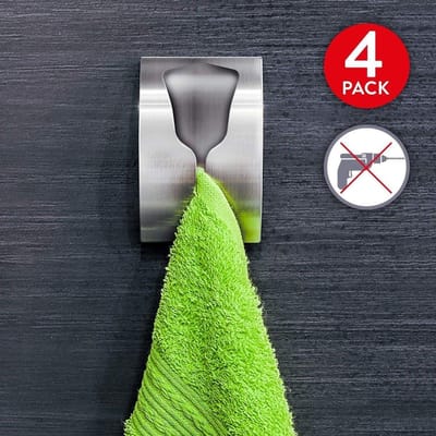 LOUZIR Zelfklevende Handdoekhouder Haakjes Set - Wand Ophang Haak Zelfklevend - Keuken Ophanghaak Zonder Boren - Theedoek / Handdoek Klem - RVS - Set Van 4 Stuks