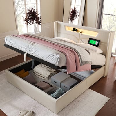MEUNIQ tweepersoons bedframe 160x200 cm met LED-verlichting, USB en Type-C, opbergruimte onder lattenbodem, gestoffeerd hoofdbord, beige, zonder matras
