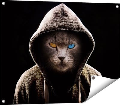 Gards Tuinposter Boze Kat Draagt een Hoodie - 80x60 cm - Tuindoek - Tuindecoratie - Wanddecoratie buiten - Tuinschilderij