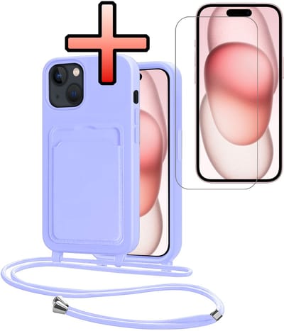 Hoes Geschikt voor iPhone 15 Plus Hoesje Pasjeshouder Cover Met Koord Case Siliconen Hoes Met Telefoonkoord en Kaarthouder Met Screenprotector - Lila