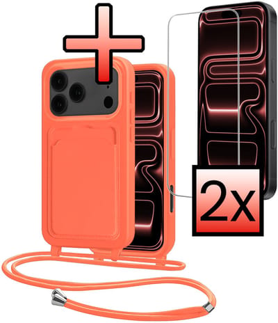 Hoes Geschikt voor iPhone 17 Pro Hoesje Pasjeshouder Cover Met Koord Case Siliconen Hoes Met Telefoonkoord en Kaarthouder Met 2x Screenprotector - Papaya