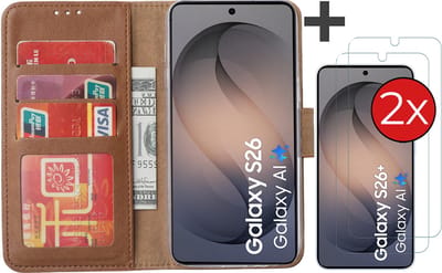 Hoesje met 2 Stuks Screenprotectors Geschikt voor Samsung Galaxy S26 – Arara bookcase met pasjeshouder - Bruin