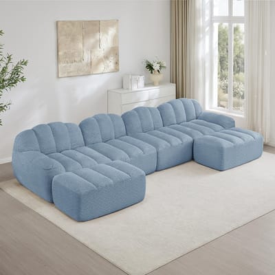 BLACKCOLORS Modulaire U-vormige 4-zitsbank met 2 chaise longues, schelpvorm, Boneless-bank van 32D-schuim met hoge dichtheid, diepe zitting, ideaal voor de woonkamer, zachte stof, Blauw
