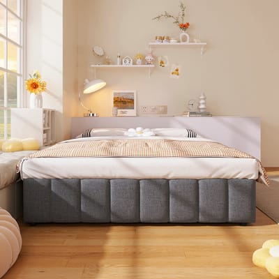 VVBV Gestoffeerd Bed met Opbergruimte 140x200 cm - Hoofdbord, Hydraulische Opbergruimte - Grijs - Zonder Matras