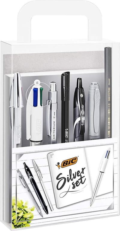 BIC Zilver schrijfset (1 notitieboek, 2 balpennen, 1 gelpen, 1 rollerbalpen, 1 permanente marker, 1 vulpotlood)
