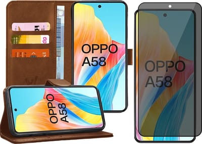 Hoesje geschikt voor Oppo A58 4G - Privacy Screenprotector Volledig Dekkend Glas - Portemonnee Book Case Bruin