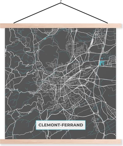 Posterhanger incl. Poster 40x40 cm - Schoolplaat - Clemont-Ferrand - Kaart - Stadskaart - Plattegrond - Frankrijk - Textielposter - Blanke latten - Stadskaart