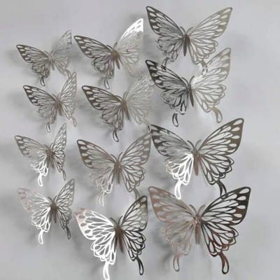 12 Stuks/set 3D Holle Vlinders Stickers Metaal Zilver Holle Vlinder voor Feestballonnen Huisdecoratie Muurdecoratie zilver