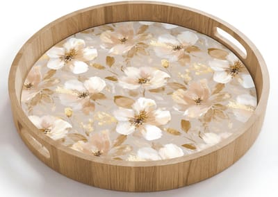 Dienblad rond 40x40 cm - Schootdienblad hout - Bloemen - artistiek - Goud - Borrelplank rechthoek - Plateau houten dienbladen
