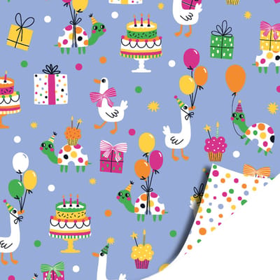 Inpakpapier - Cadeaupapier - Kadopapier - Party Time / Confetti - 50cm x 3m - Rol inpakpapier - Feest - Dieren - Kinderverjaardag
