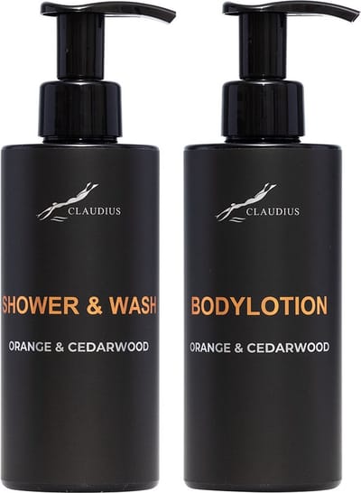 Douchepakket Sweet Orange & Cedarwood - Shower & Wash + Bodylotion - 300 ml per fles - bodycare - luxe fles - set van 2 stuks - Cadeau