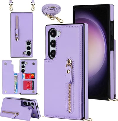Casemania Hoesje Geschikt voor Samsung Galaxy S21 FE - Paars - Luxe Back Cover met Koord & Rits - Wallet Case met Pasjeshouder - Lanyard Telefoonhoes - Cord Case