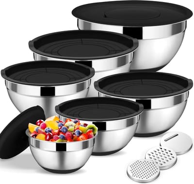 Set van 6 RVS Mengkommen met Luchtdichte Deksel en 3 Raspaccessoires voor Keuken, Stapelbaar en Vaatwasserbestendig, Ideaal voor Salades en Bereidingen