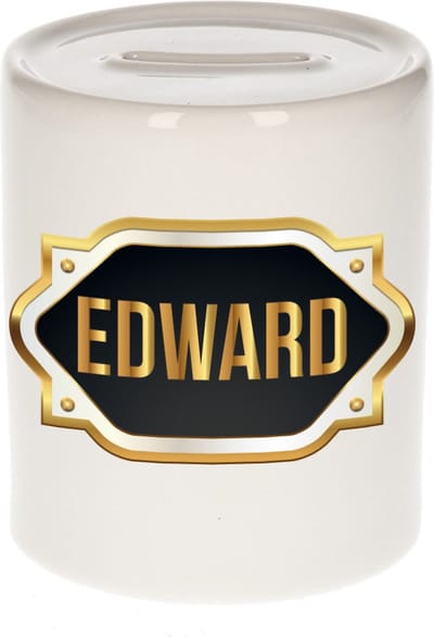 Spaarpot met voornaam Edward - wit - met goud/zwart embleem - 8 x 9 cm - keramiek - met afsluitdop - cadeau verjaardag
