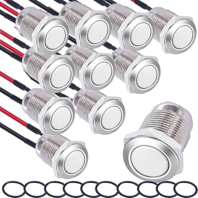 Dailygoods - 10x Waterproof Knoppen - RVS, 12mm, Voorbedraad, Drukknop 2A/12V/24V/125V/250V