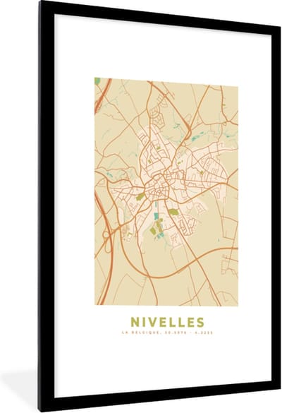 Fotolijst incl. Poster - Vintage - Nivelles - Kaart - Plattegrond - Stadskaart - 60x90 cm - Posterlijst
