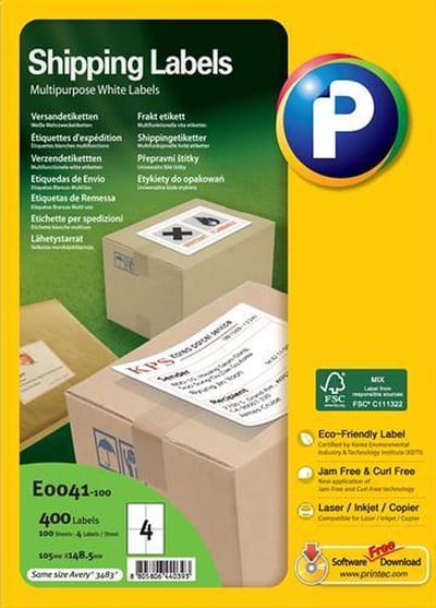 Printec Verzend Etiketten - 100 Vel - 105x148.5mm - 4 Labels per A4 - 400 Stickers