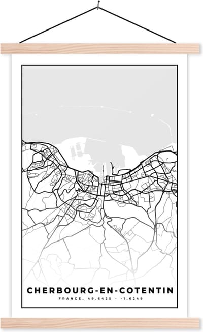 Posterhanger incl. Poster 40x60 cm - Schoolplaat - Plattegrond - Cherbourg-en-Cotentin - Kaart - Frankrijk - Stadskaart - Zwart wit - Textielposter - Blanke latten - Stadskaart