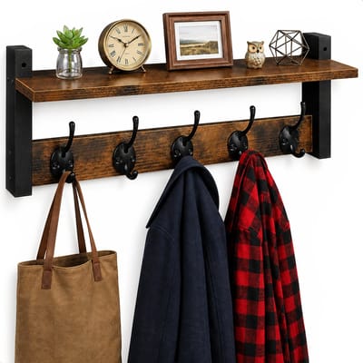Wand kapstok met plank - 10 haken - Hangend - Kapstokken - Kleer - Kleding - Hangers - Vintage - Muur - Industrieel - Hout - Garde robe - Zwart - Luft