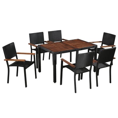 vidaXL - 7-delige - Tuinset - poly - rattan - en - acaciahout - zwart