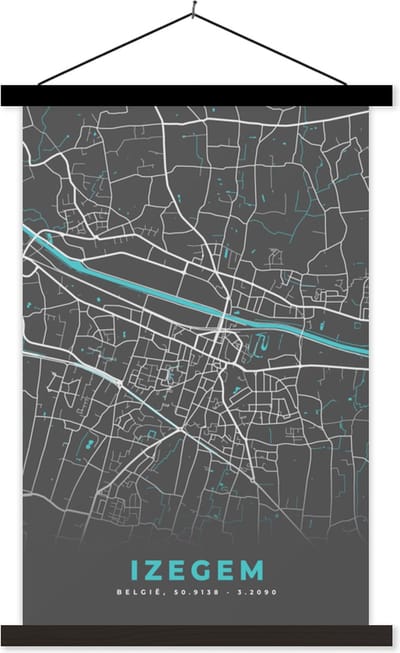 Posterhanger incl. Poster 40x60 cm - Schoolplaat - België – Izegem – Stadskaart – Kaart – Blauw – Plattegrond - Textielposter - Zwarte latten - Stadskaart