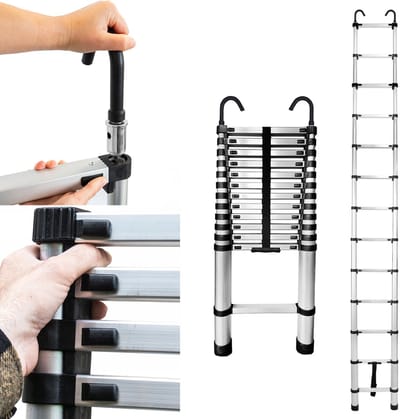 Baulich Aluminium telescopische ladder met afneembare haken, 13 sporten - 107-380 cm, draagvermogen 125 kg, compact, verstelbaar, antislip voeten, voor huis en tuin