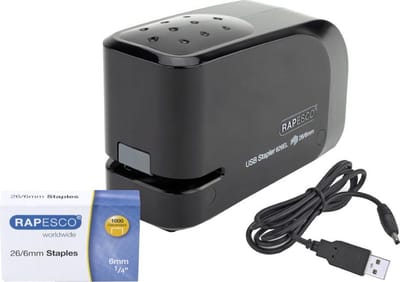Rapesco 626EL Elektrische nietmachine, 26/6, USB/batterij, zwart