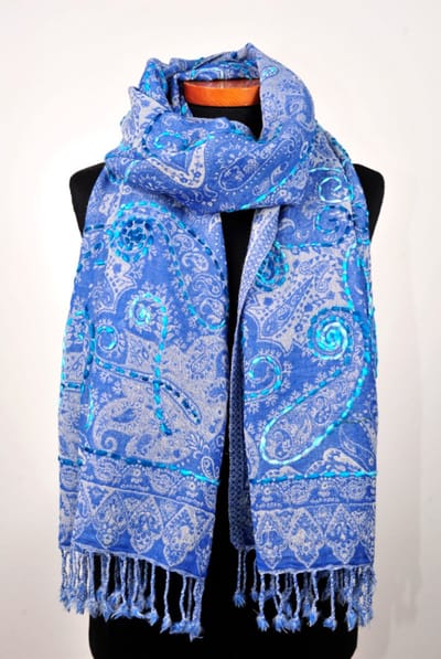 Wollen geborduurde sjaal en omslagdoek Blauw-Paisley, Merino wol, 72 * 190 cm
