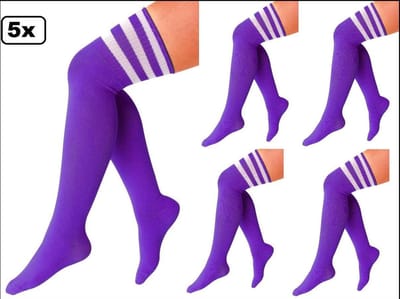 5x Lieskousen paars met 3 witte strepen 36/41 - kniekousen overknee kousen sportsokken cheerleader carnaval voetbal hockey unisex festival