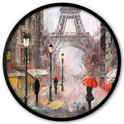 Poster in lijst Rond - Fotolijst 40x40 cm - Posters - Schilderij - Parijs - Eiffeltoren - Paraplu - Olieverf - Ronde posterlijst zwart - Decoratie - Wanddecoratie woonkamer - Muurdecoratie slaapkamer