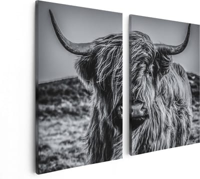 Artaza Canvas Schilderij Tweeluik Schotse Hooglander Koe - Zwart Wit - 80x60 - Foto Op Canvas - Canvas Print