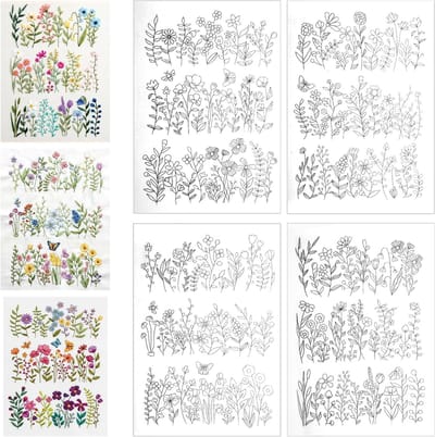 Wateroplosbaar Borduurpapier voor Handwerk - 4 Vellen met Voorafgedrukte Bloemmotieven, Transferpatronen en Stick & Stitch Functie voor Creatieve Projecten
