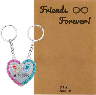 BFF Sleutelhanger voor 2 ' Friends Forever' - Magnetisch Hartje met Vlinder - Sleutelhanger set op Cadeau Kaartje - Zilverkleurig - Vriendschap Symbool - Pax Amare