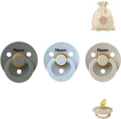 BIBS fopspenen anatomisch met naam - maat 1 (0-6 maanden) - pine, baby blue en sand + BolleToet speenzakje