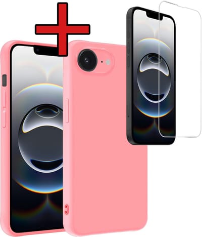 Hoesje - Met Screenprotector - Geschikt voor Apple iPhone 16e / 17e - Sterk & Shockproof - Telefoon Hoes - Back Cover - Siliconen Case - Telefoonhoes - Lichtroze