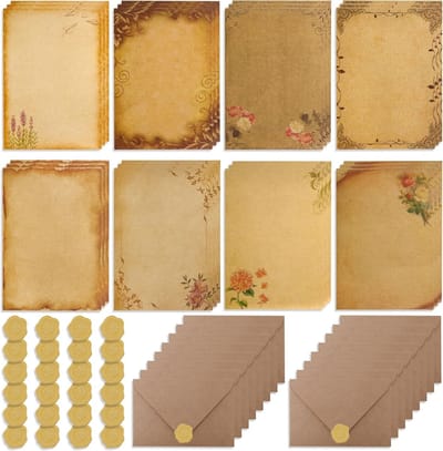 Vintage Briefpapier Set met Enveloppen, 24 Vellen Briefpapier, 16 Enveloppen en 24 Stickers voor Verjaardagen, Trouwen en Groetkaarten